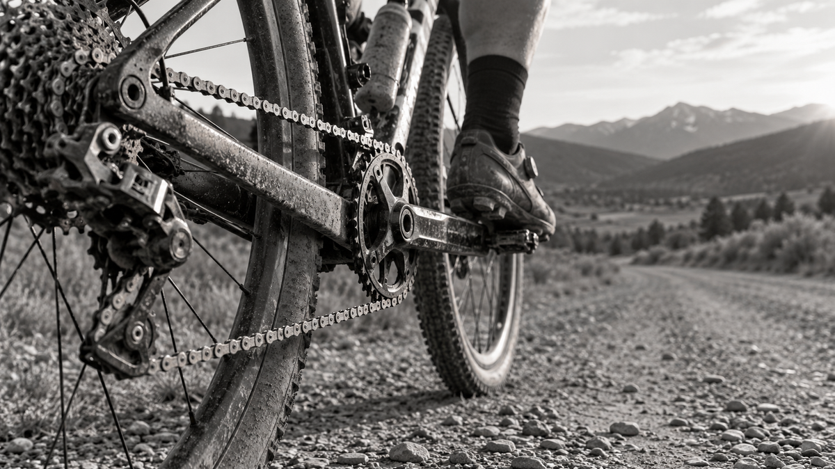 Close-up of a gravel bike’s chain, crank, and rear gears on a mountain road