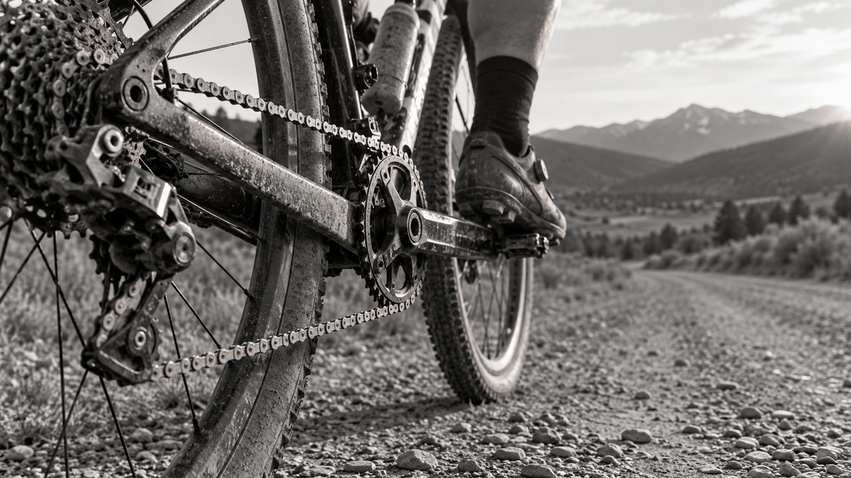 Close-up of a gravel bike’s chain, crank, and rear gears on a mountain road